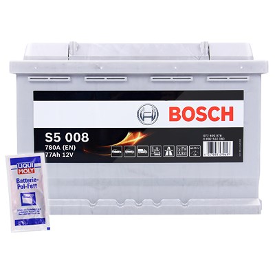 Bosch Batterie S5 008 77Ah 780A 12V+10g Pol-Fett Renault: Clio II Vw: Golf IV