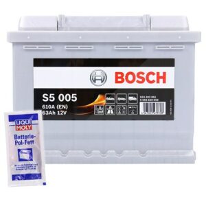 Bosch Batterie S5 005 63Ah 610A 12V+10g Pol-Fett Renault: Clio II Vw: Golf IV