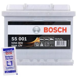 Bosch Starterbatterie S5 001 52Ah 520A 12V+10g Pol-Fett Citroën: C3 II Nissan: Micra III Renault: Clio II