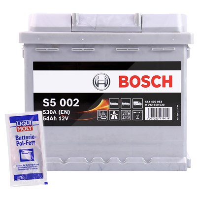 Bosch Batterie S5 002 54AH 530A 12V + 10g Pol-Fett Citroën: C1 II Nissan: Micra III Renault: Clio II